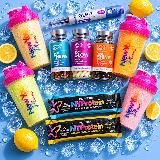 The New You Plan product basket — shakes, meals, protein bars and shaker with a GLP-1 injection pen