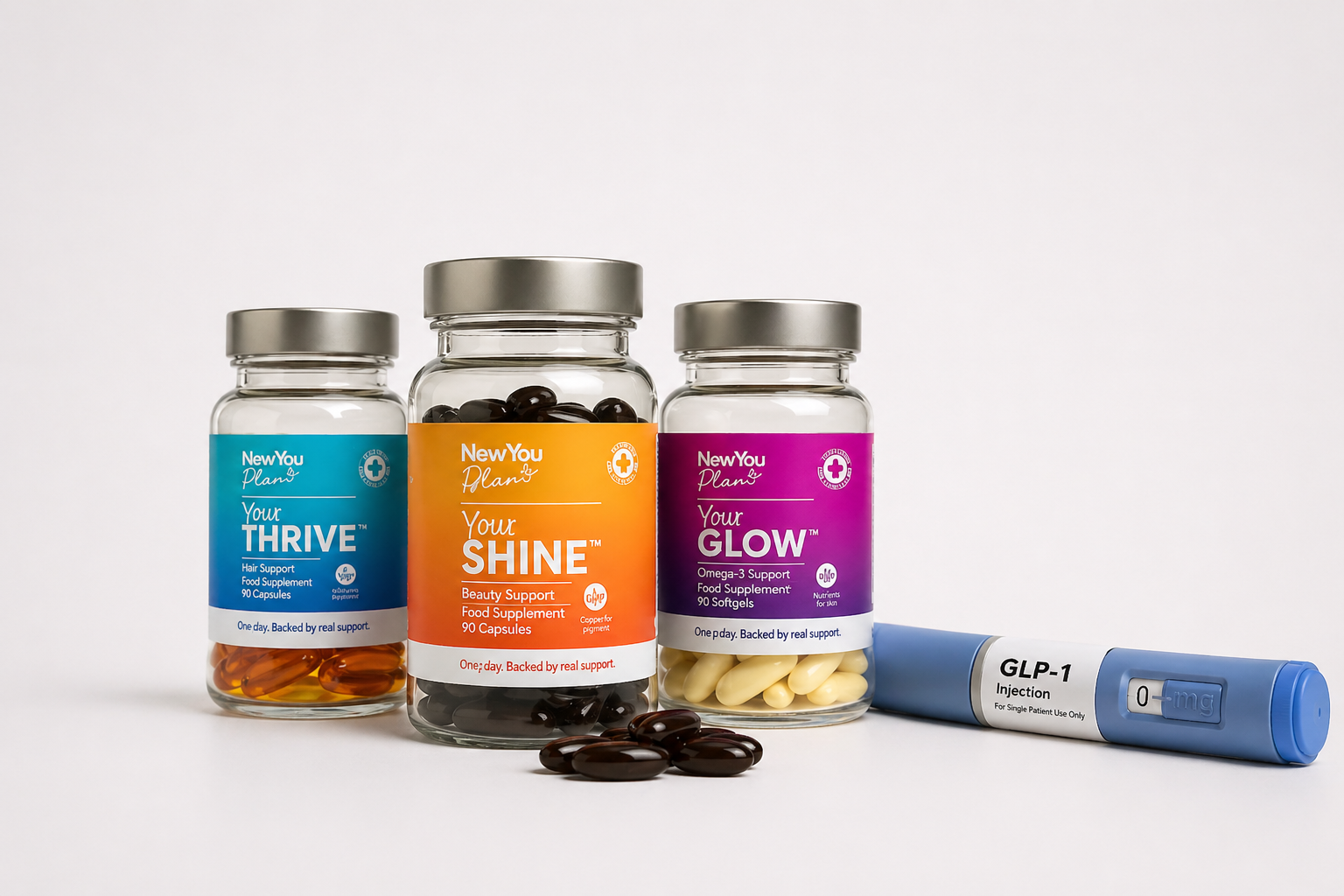 New You Plan THRIVE, SHINE and GLOW supplements alongside a GLP-1 injection pen